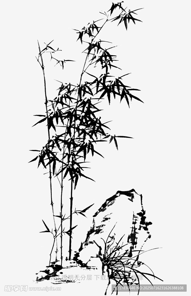 水墨风竹子与石景图