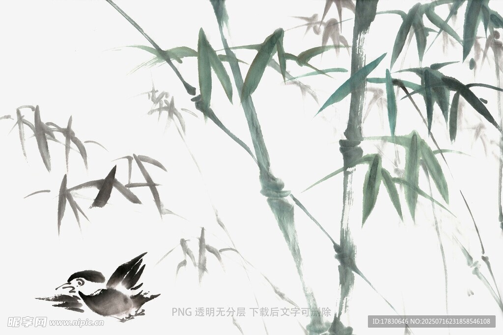 翠竹间双鸟嬉戏图