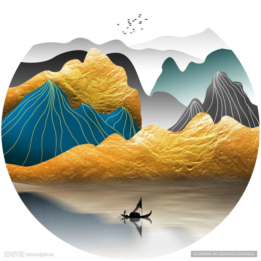 晶瓷画山水间孤舟图