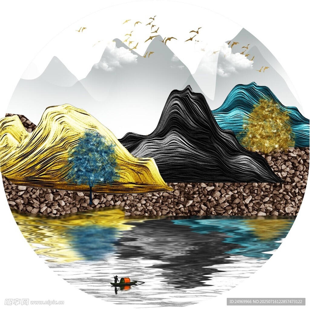 晶瓷画水墨山水间的悠然泛舟景