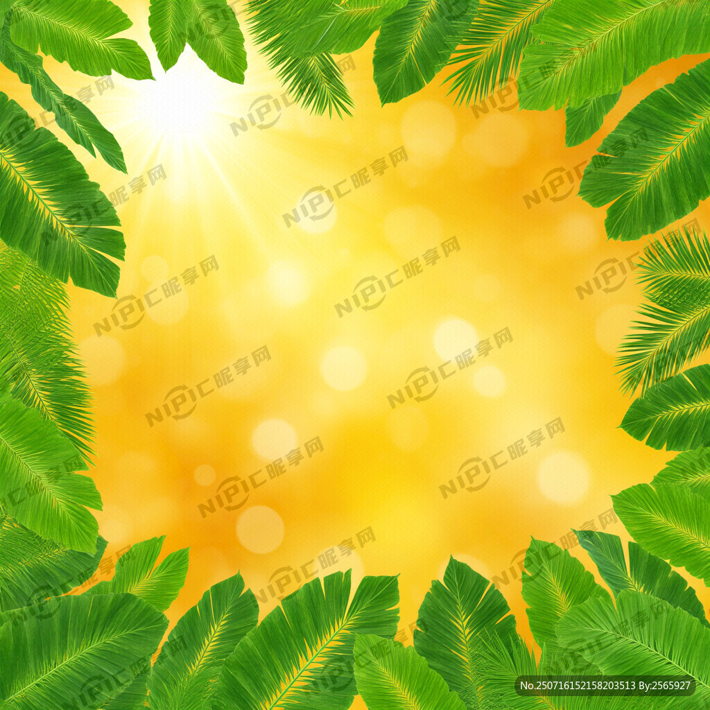 热带树叶在周围 黄色背景