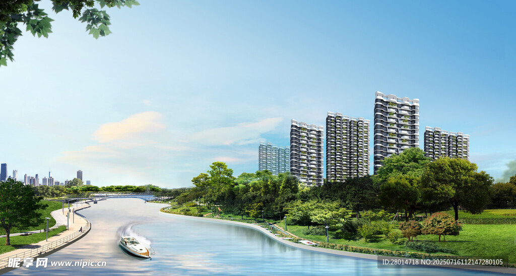 地产背景河畔高楼