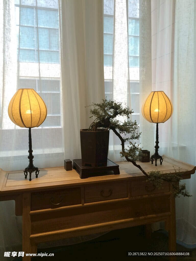简约中式台灯与绿植摆件