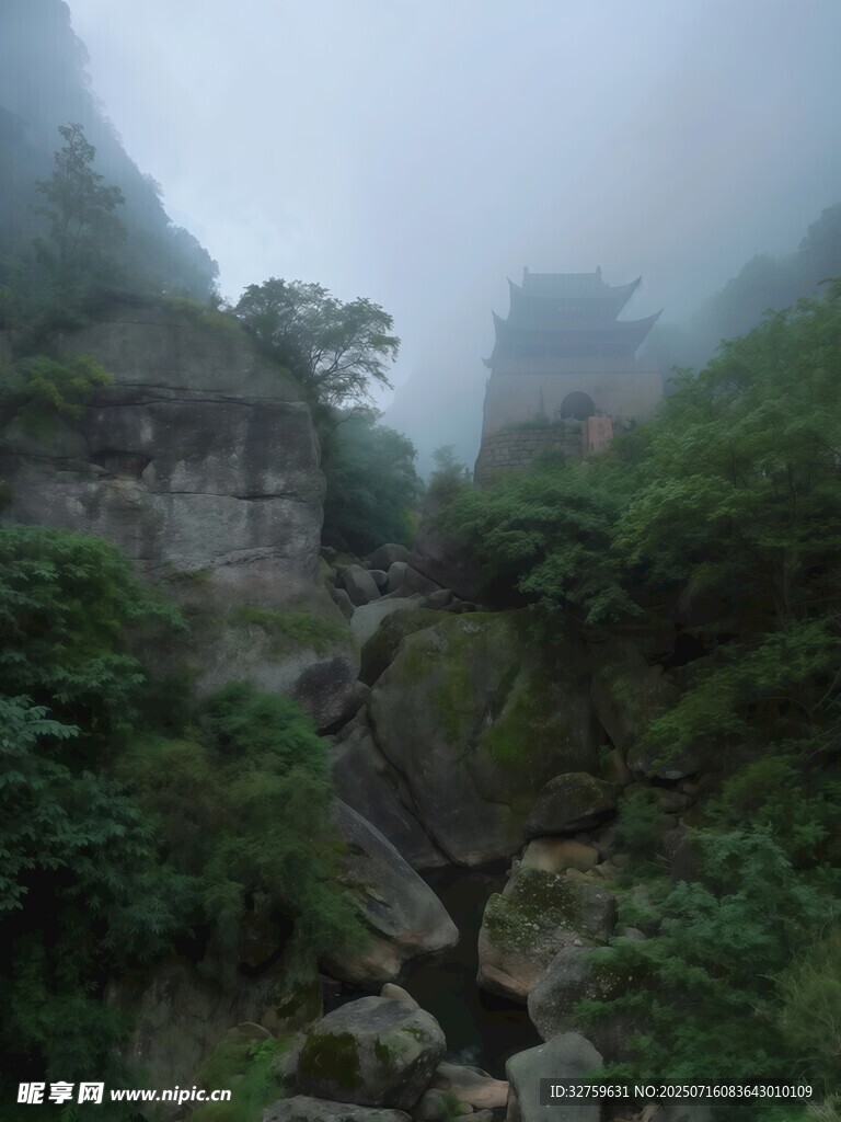 山间雾中溪流 