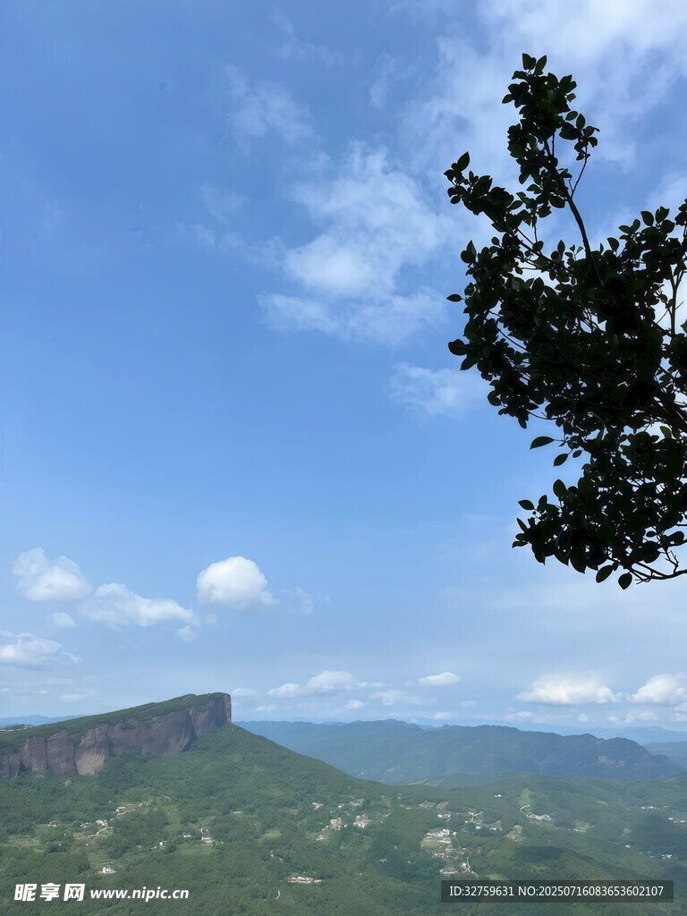 青山蓝天间的树梢景致