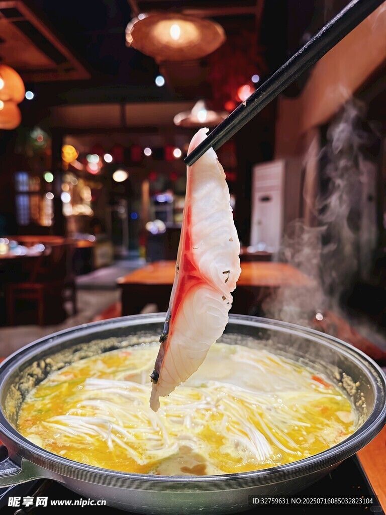 热气腾腾的美味火锅涮食材鱼片