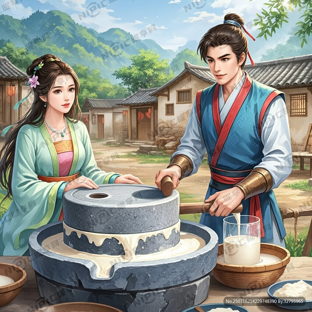 手绘画 古时候夫妻用石磨磨豆浆