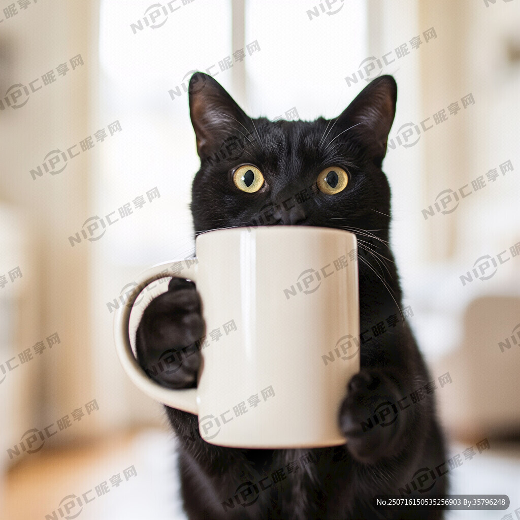 一只黑猫咪拿着马克杯