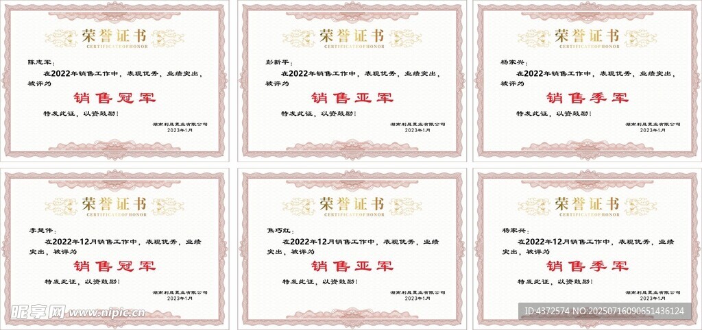 荣誉证书 销售冠军