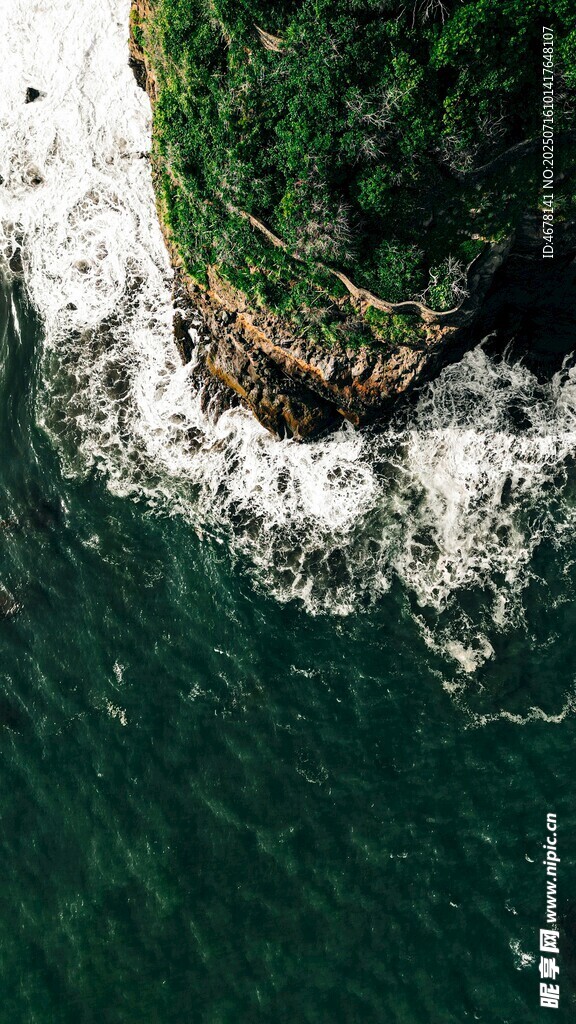 俯瞰海浪拍击绿色岩岸
