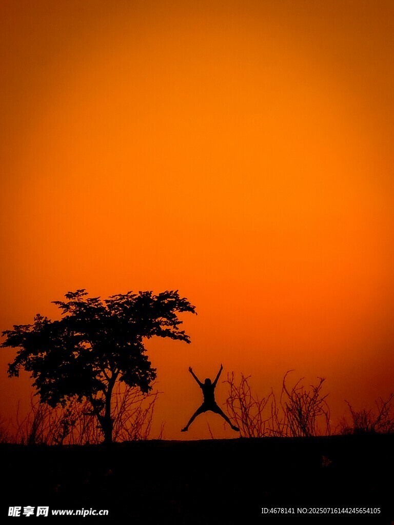夕阳下舞者与树的剪影