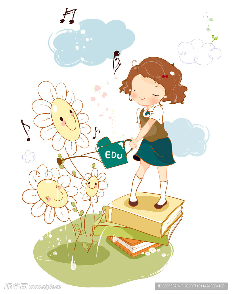 女孩站书堆浇花绽放梦想