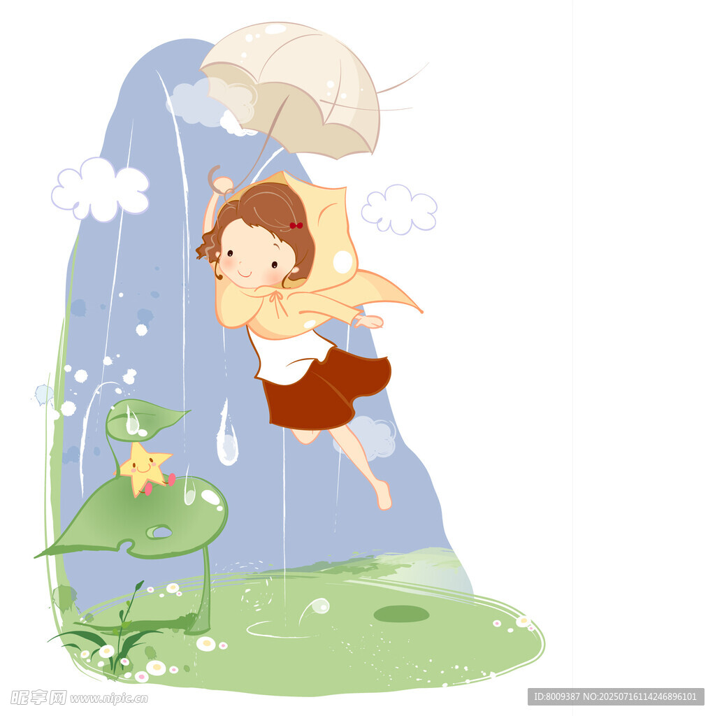 雨中撑伞玩耍的可爱女孩