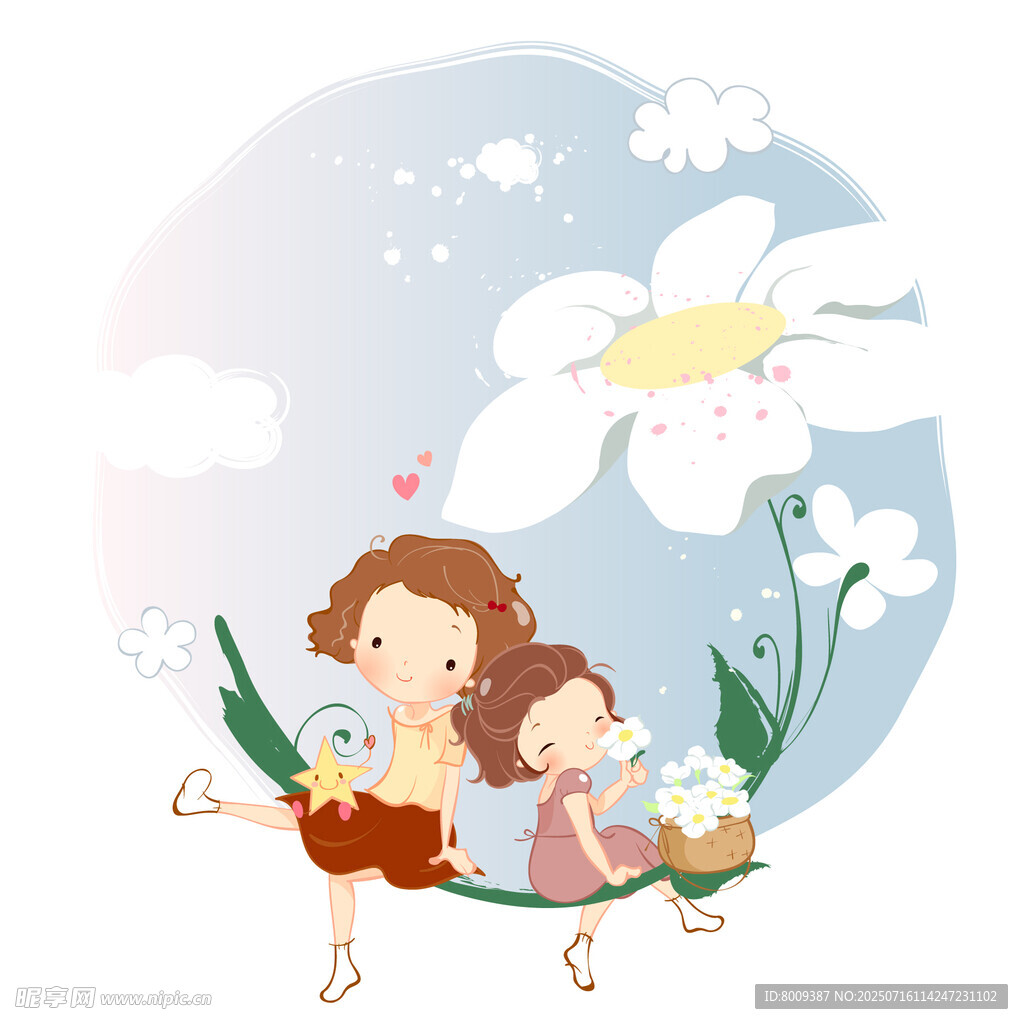 儿童在花丛中惬意荡秋千