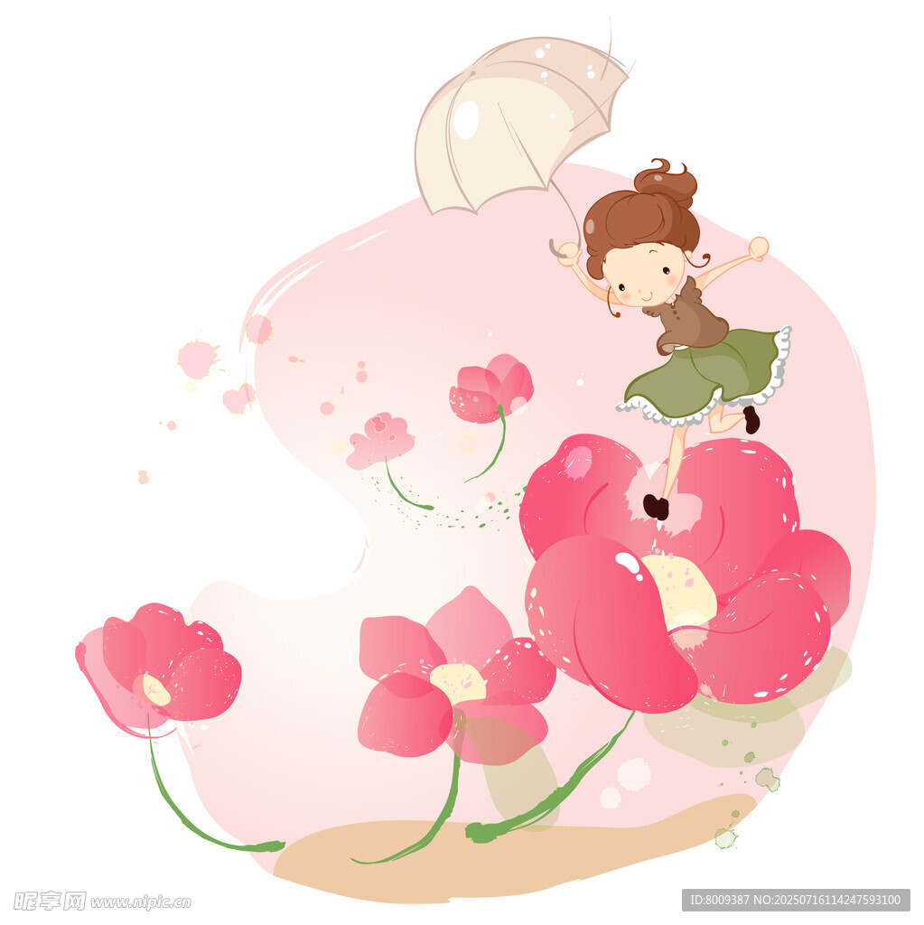 梦幻花丛中的撑伞小女孩