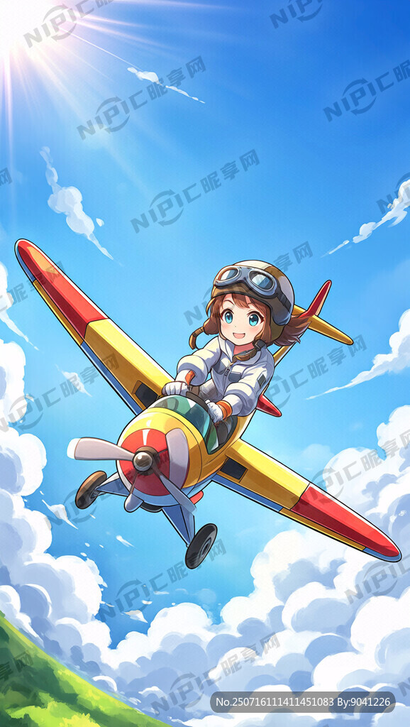 卡通女性在天空中开飞机