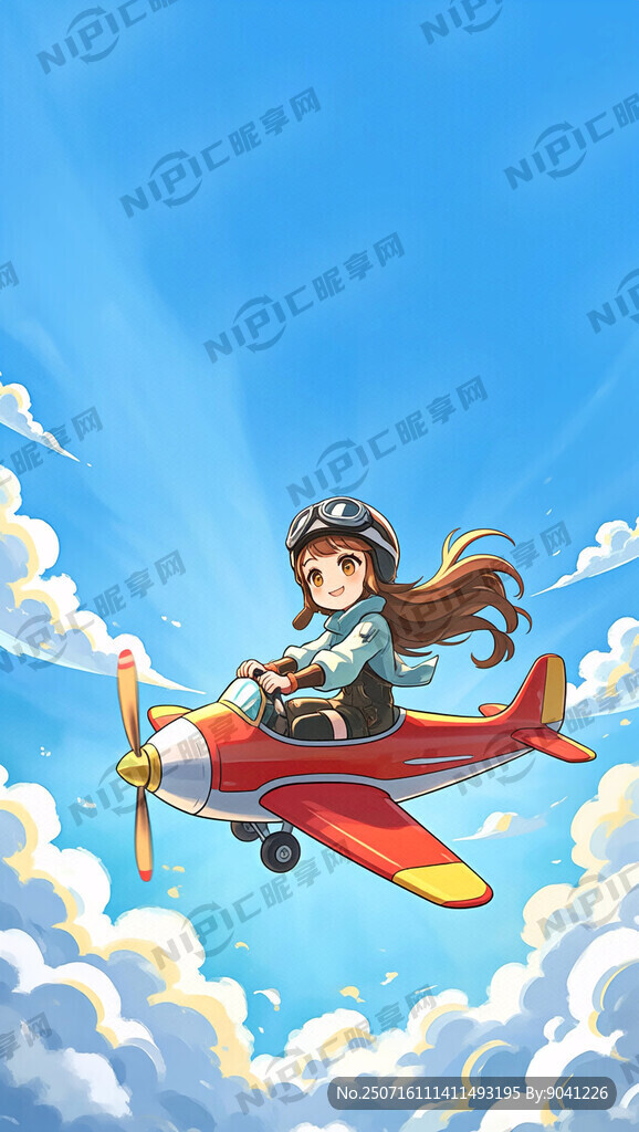 卡通女性在天空中开飞机
