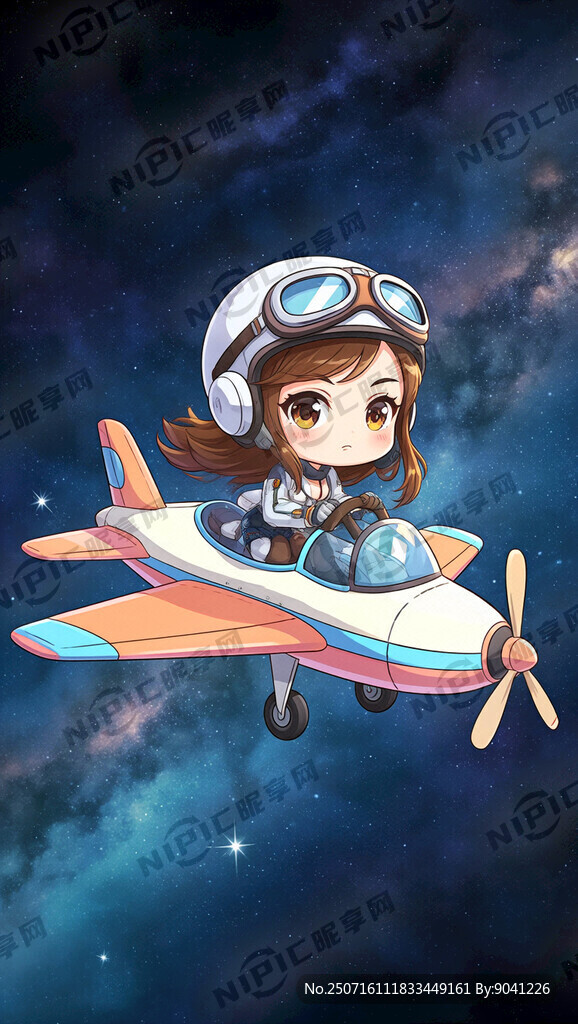 卡通女性在空中开飞机 酷酷的 