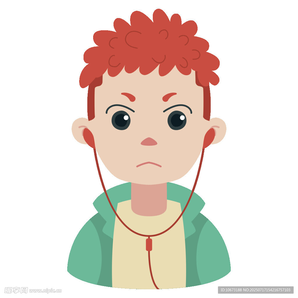 红发男孩戴耳机表情严肃