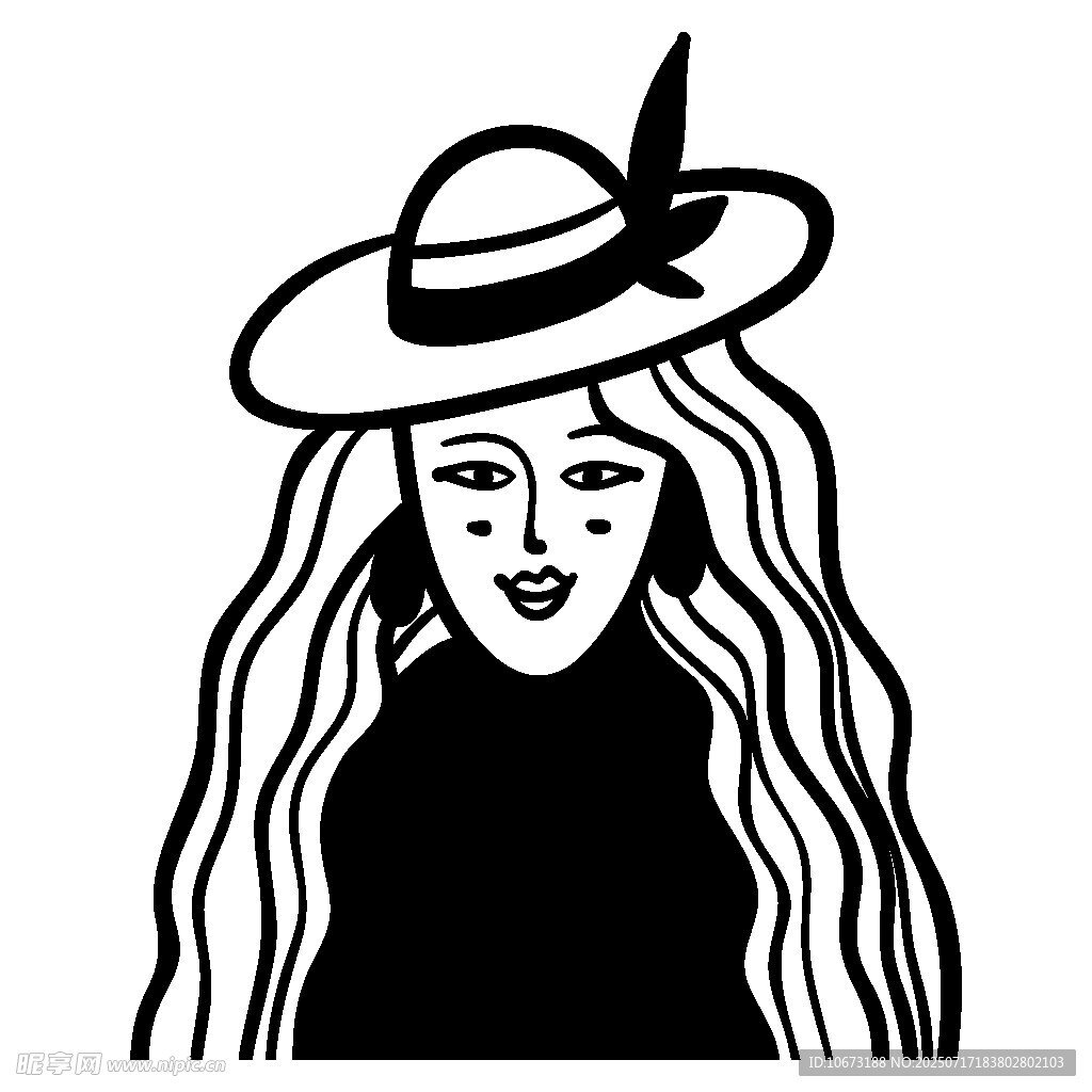 戴帽长发女性黑白插画