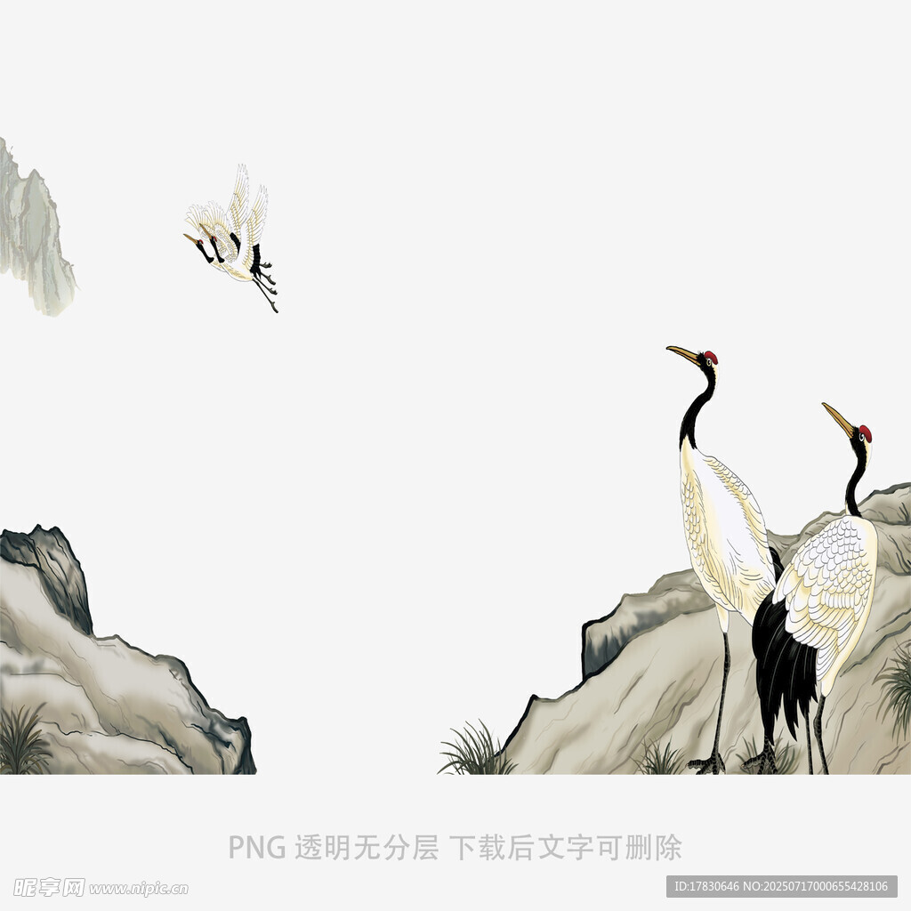 水墨山水间的仙鹤