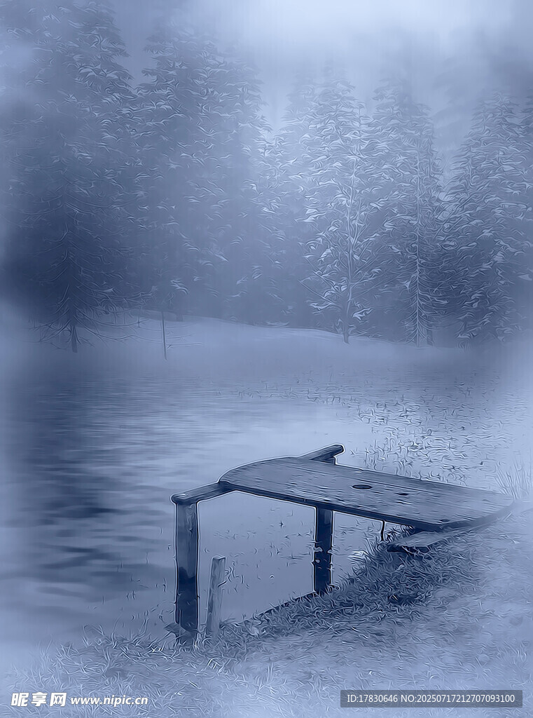 雪雾中的户外长椅