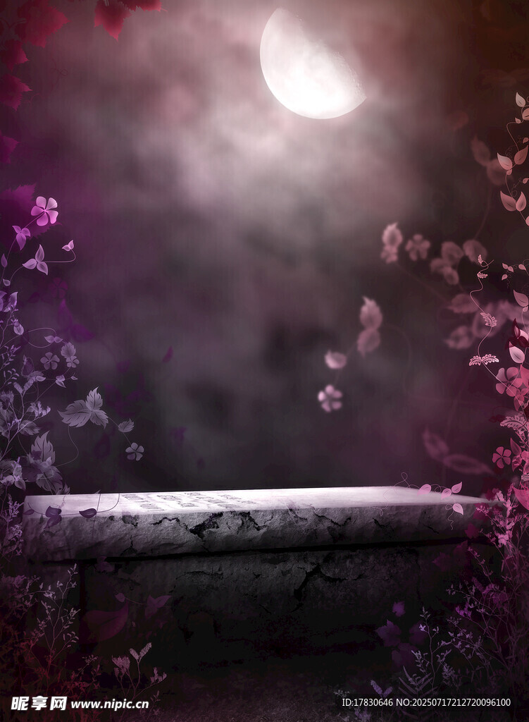 月夜繁花下的静谧石台