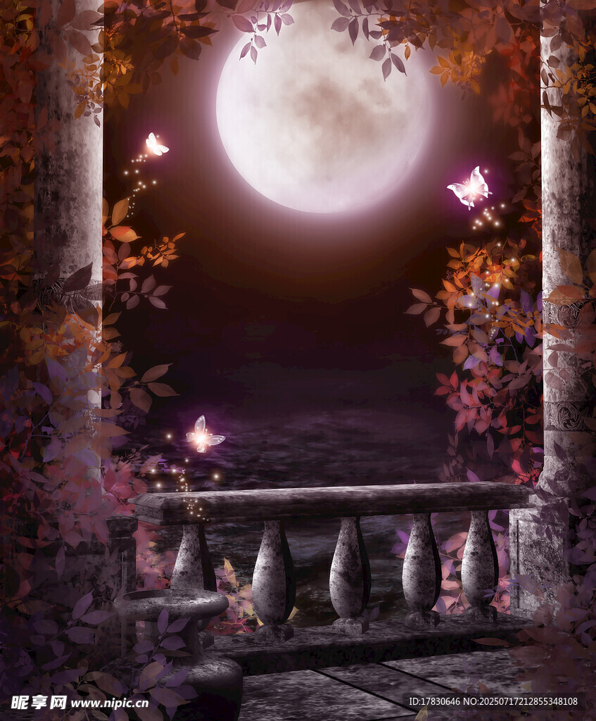 月夜下的梦幻神秘庭院