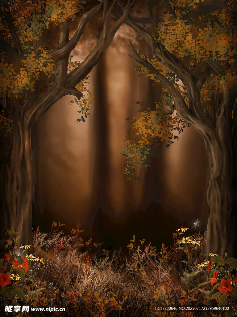 秋日森林神秘光影场景