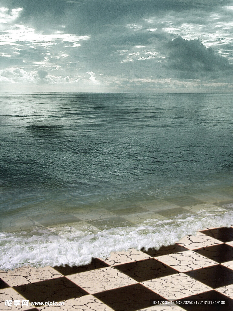 海边黑白棋盘格地面景观