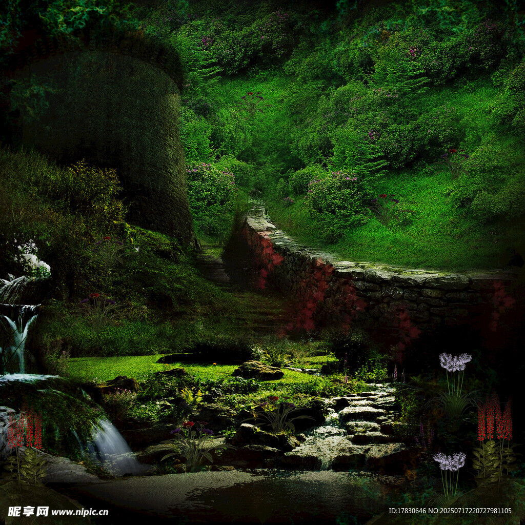 梦幻绿意山间溪流美景