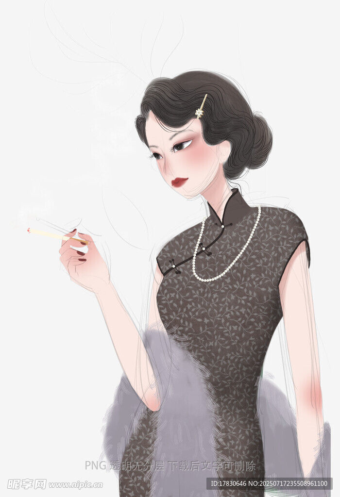 复古旗袍女子优雅持烟
