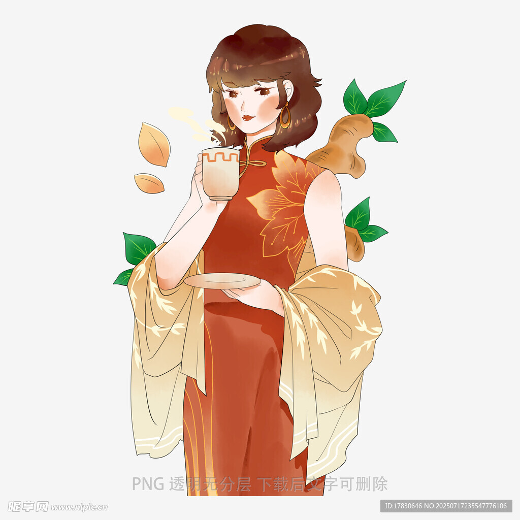 古风红衣女子持花赏景