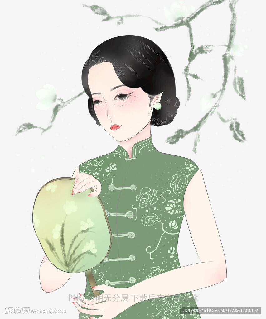 旗袍女子手持折扇赏花枝