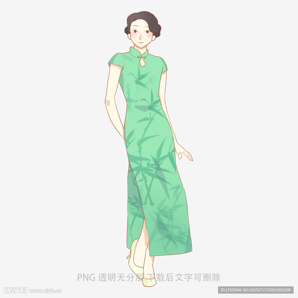 绿色旗袍女子优雅身姿