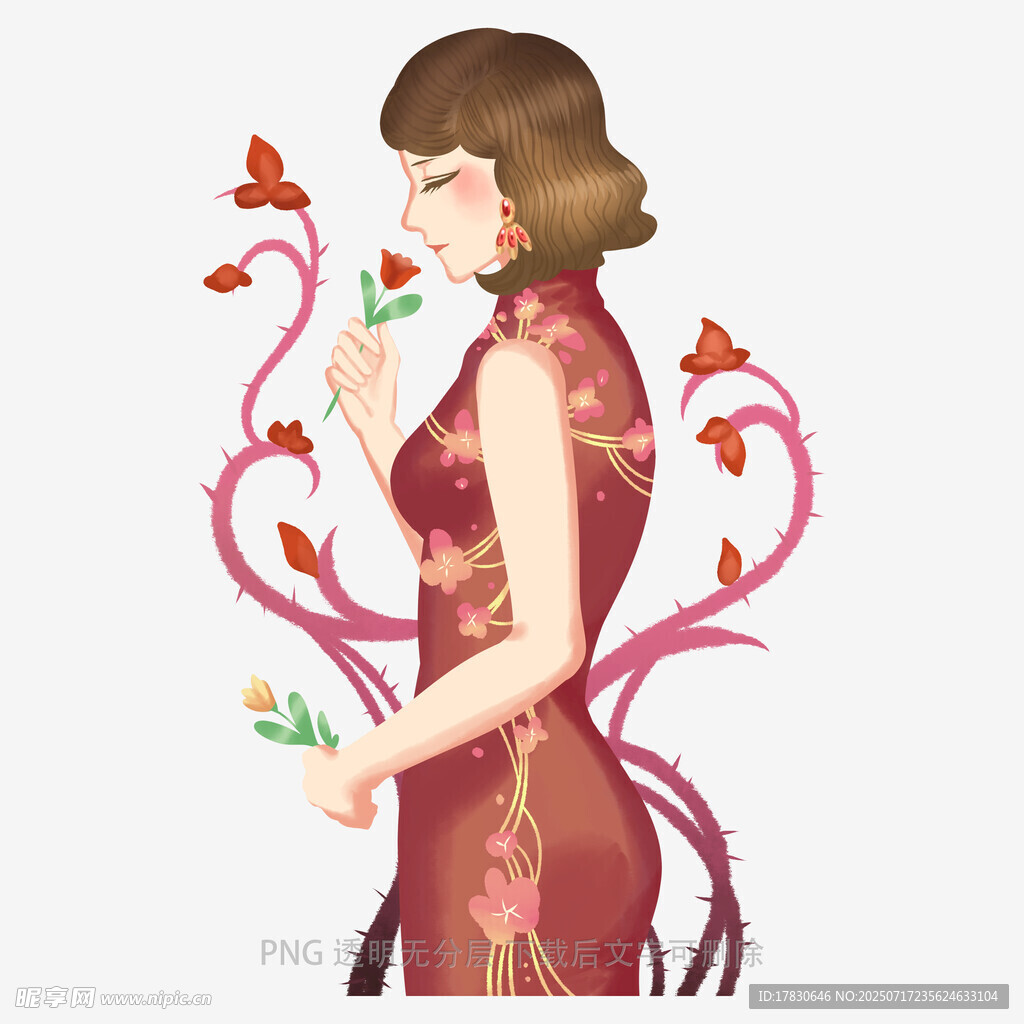旗袍女子与繁花蝴蝶相伴