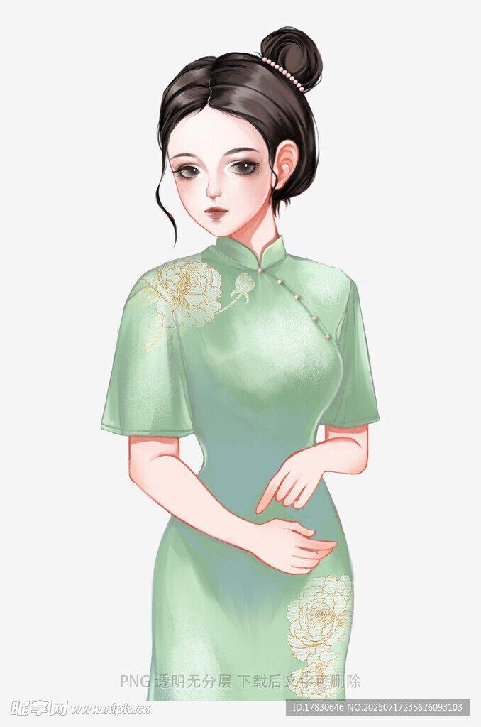 身着绿旗袍的优雅女子