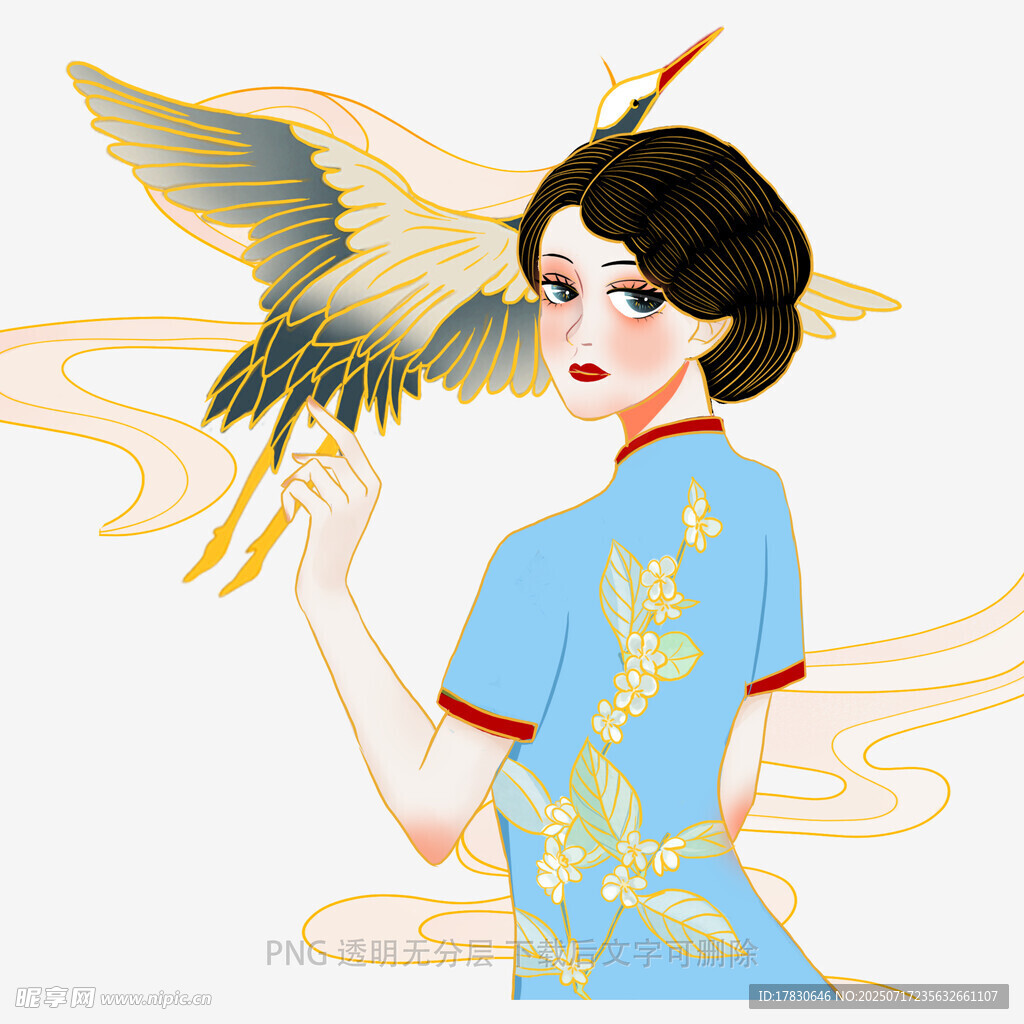 旗袍女子与仙鹤唯美画面