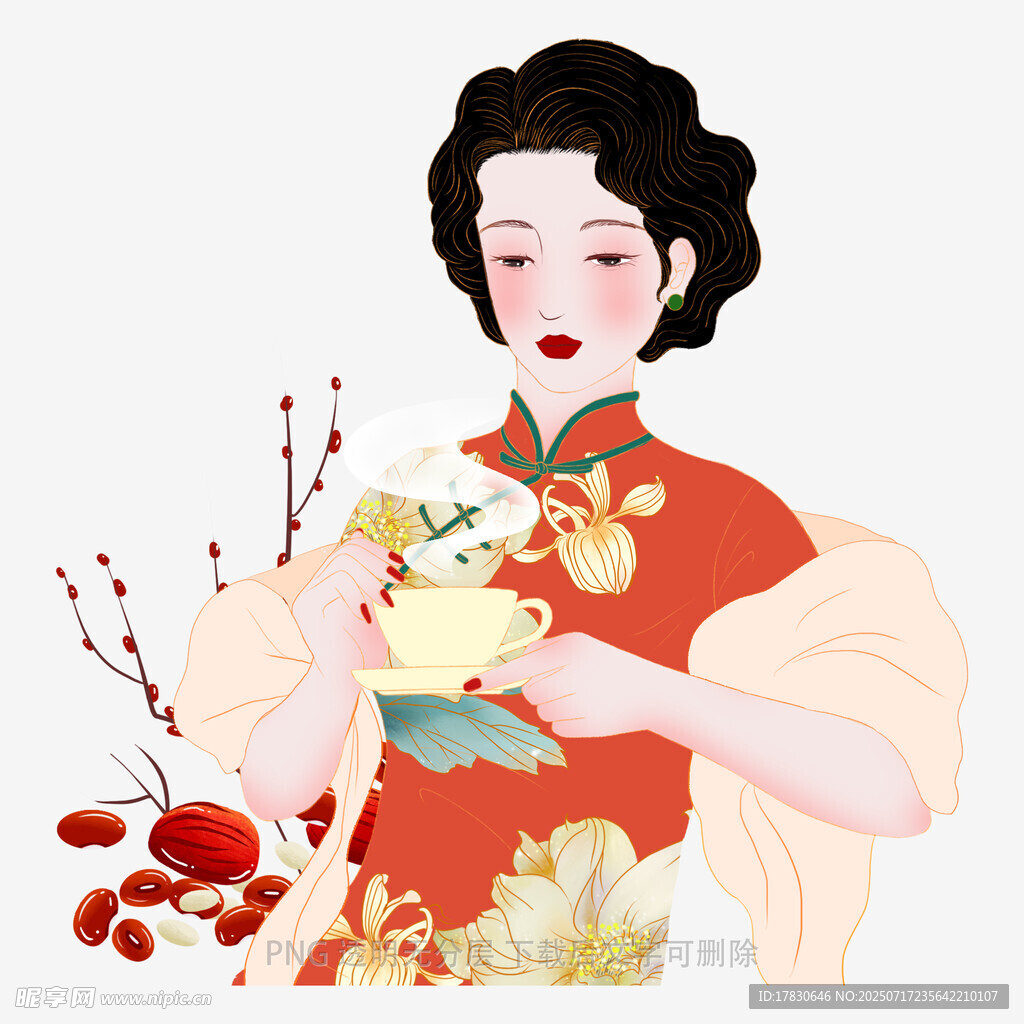 古典佳人手持花束赏景