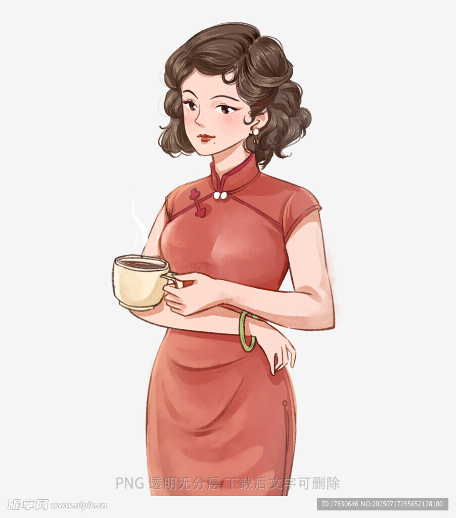 旗袍女子优雅持杯