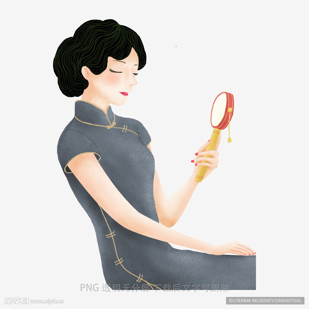 旗袍女子手持镜赏容颜