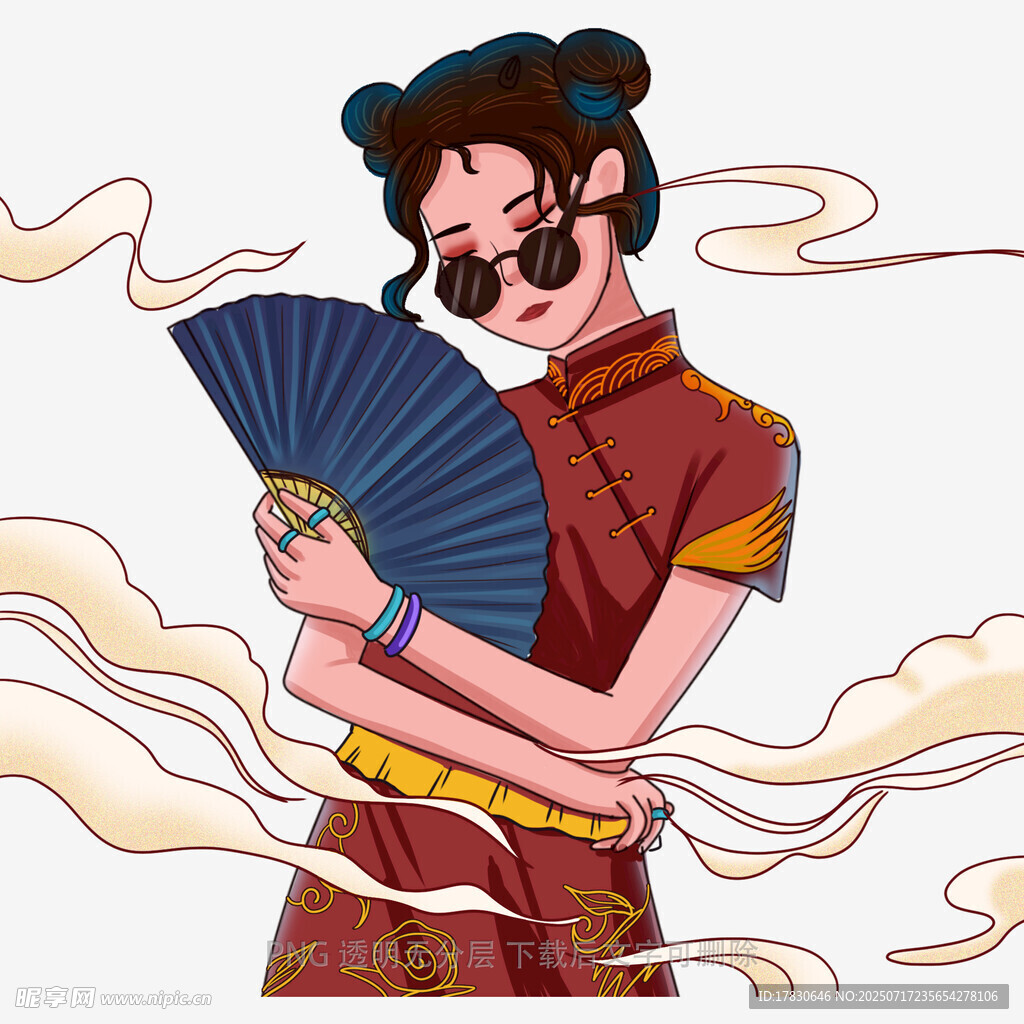 复古旗袍女子持扇展风情