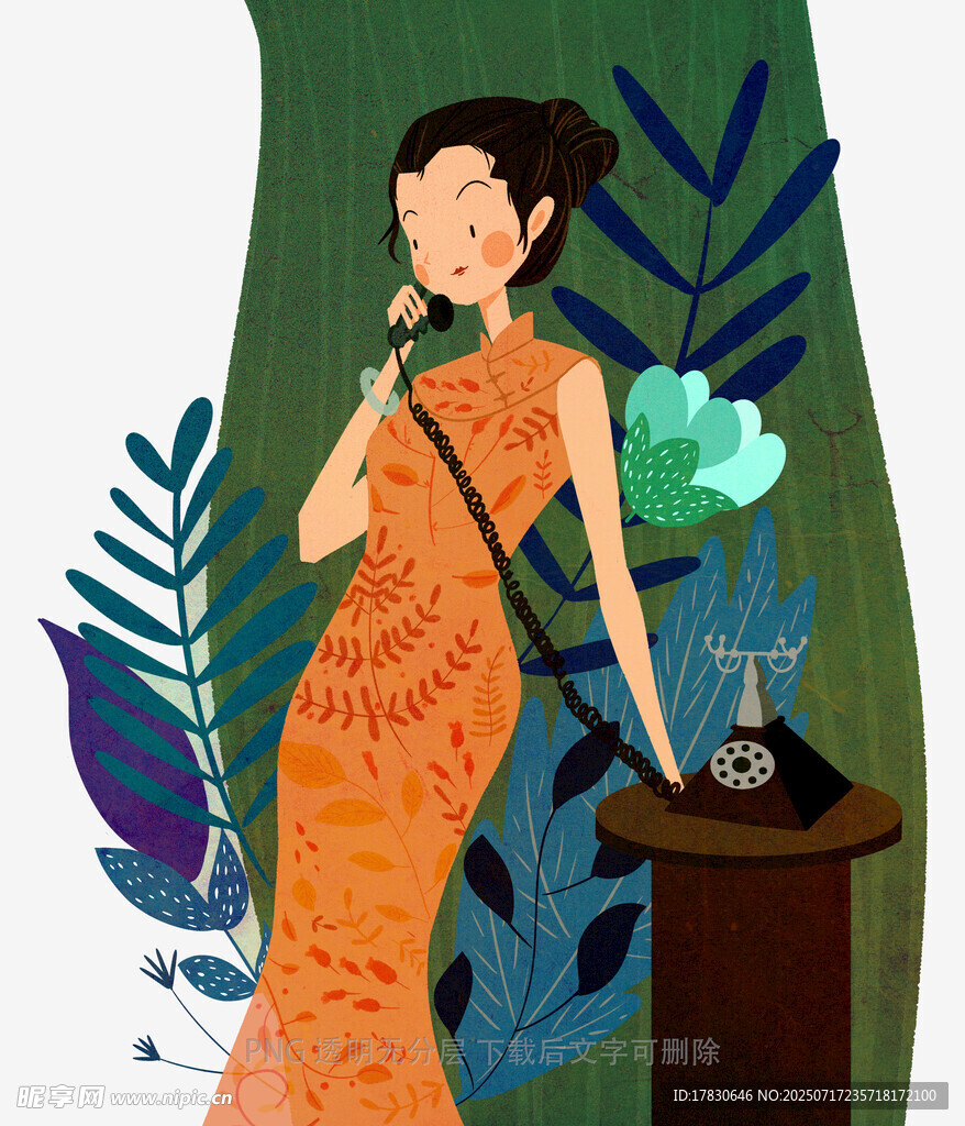 复古旗袍女子与绿植摆件