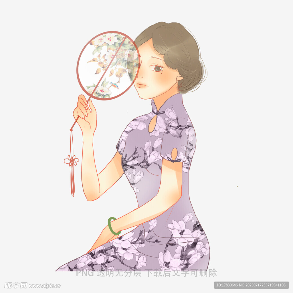 持扇旗袍女子优雅姿态