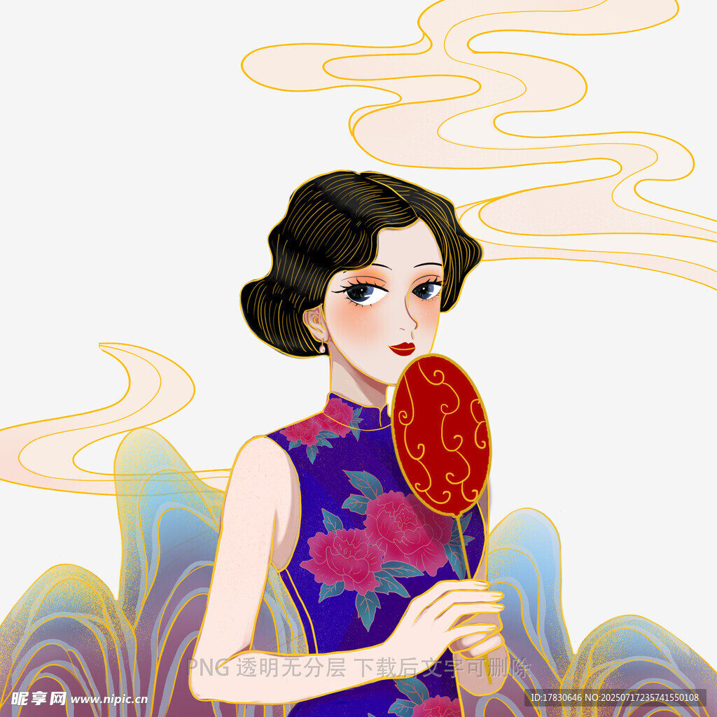 旗袍女子手持复古红扇
