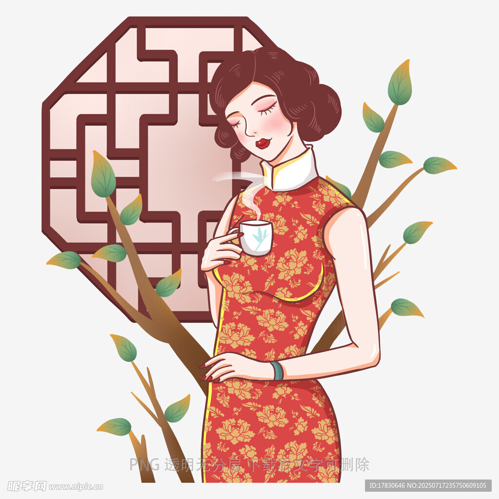 旗袍女子倚树展东方韵味