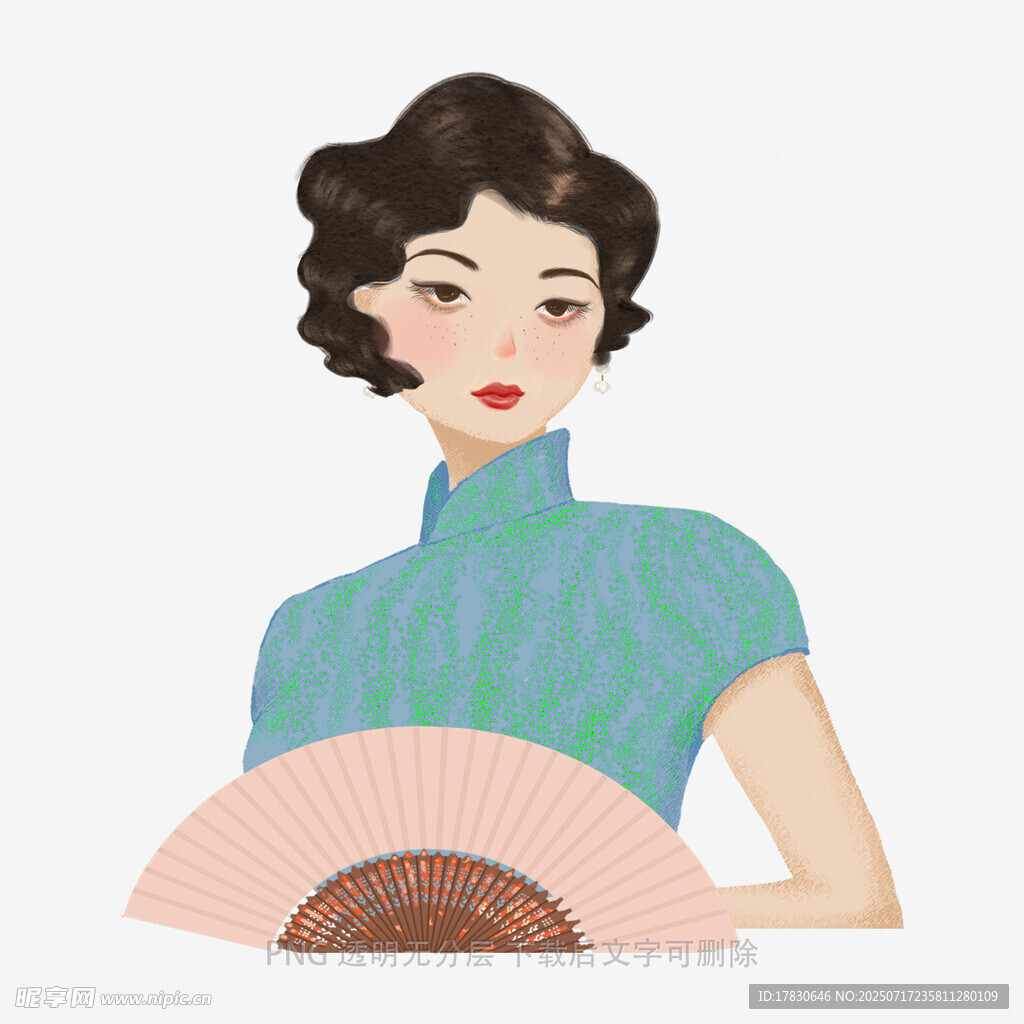 复古旗袍女子持扇图