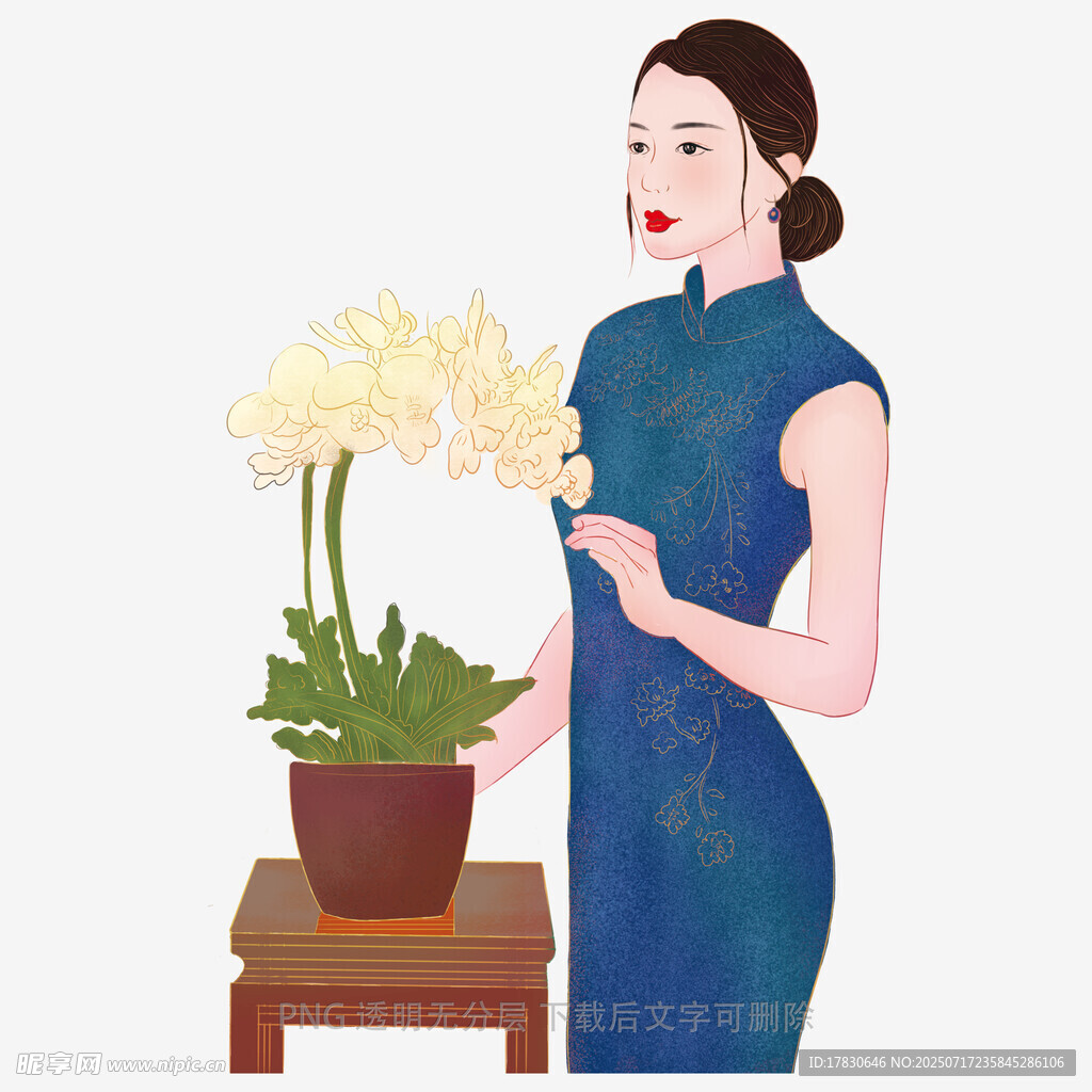 旗袍女子与雅致花卉