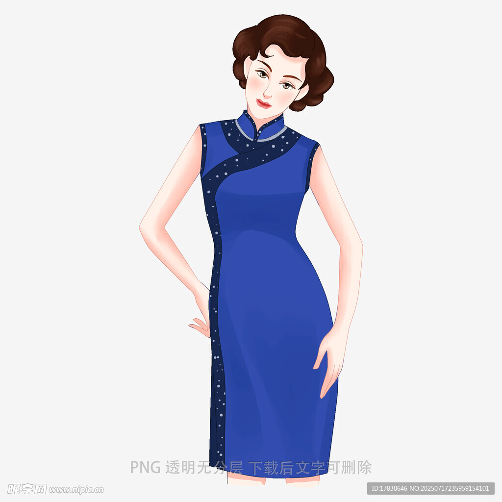 优雅女士身着蓝色中式旗袍