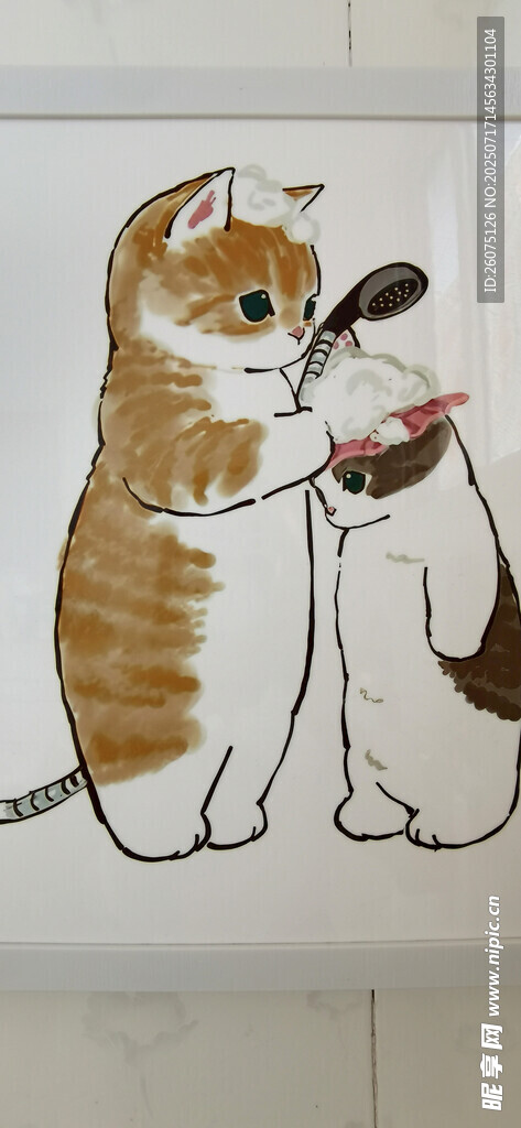 彩绘两只猫咪亲昵互动画面